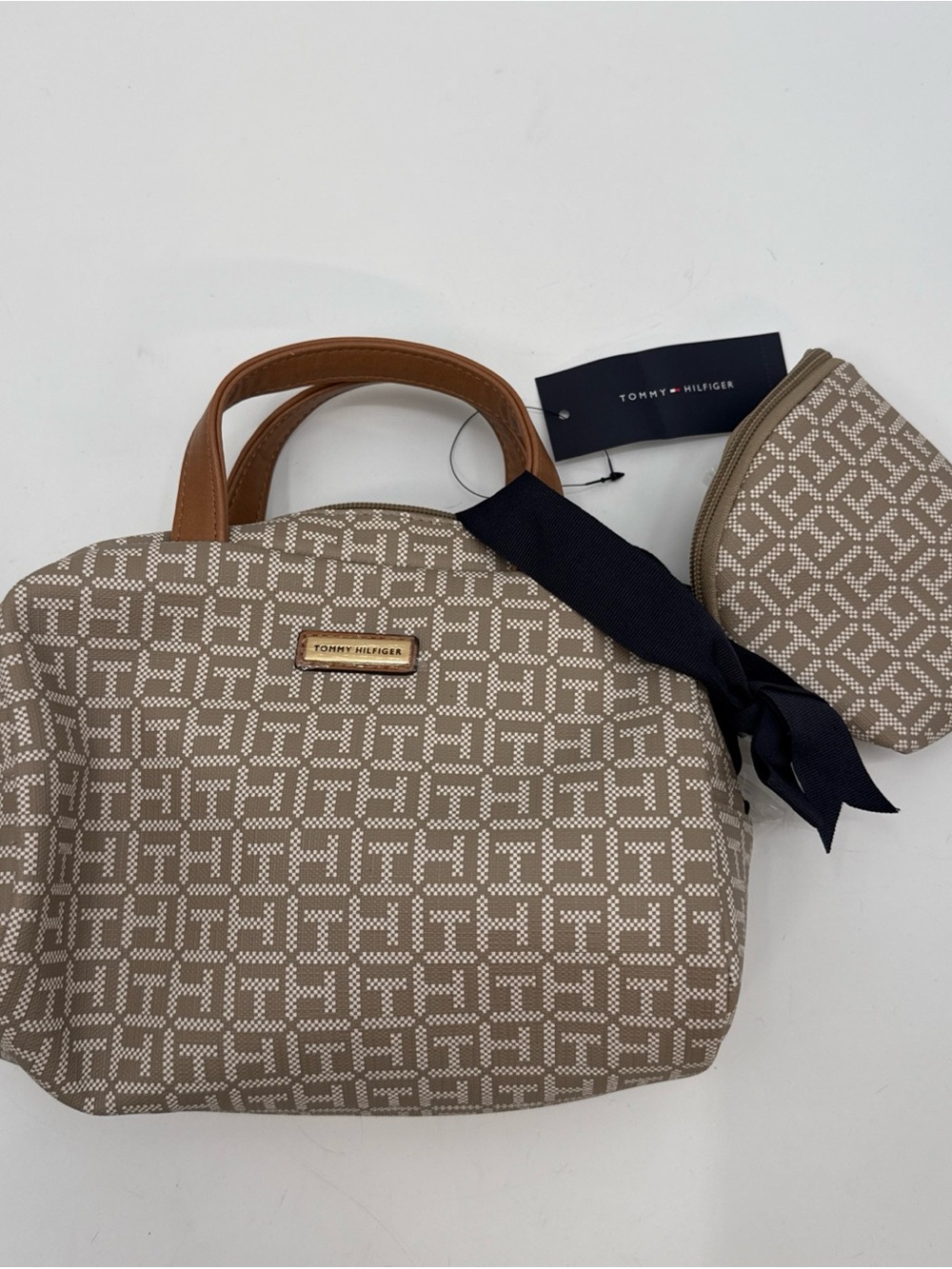 Tommy Hilfiger Taupe Patterned Canvas Satchel with Navy Ribbon and Pouch